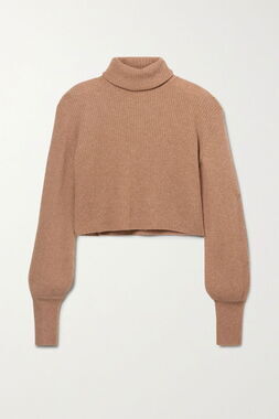 Reformation Louisa Cropped Ribbed Turtleneck Cashmere Camel XS